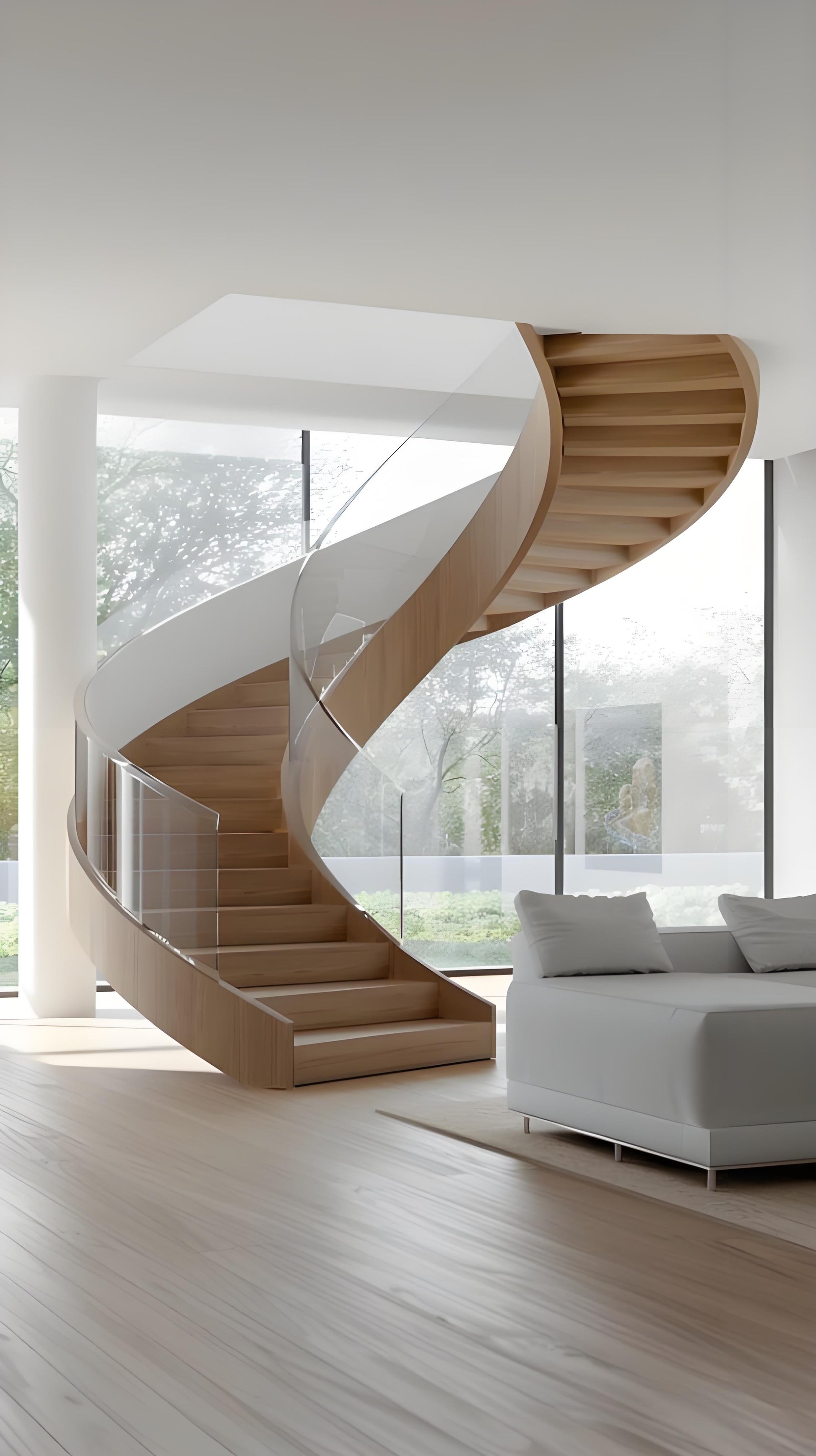 Wooden curved staircase with bend glass railing
