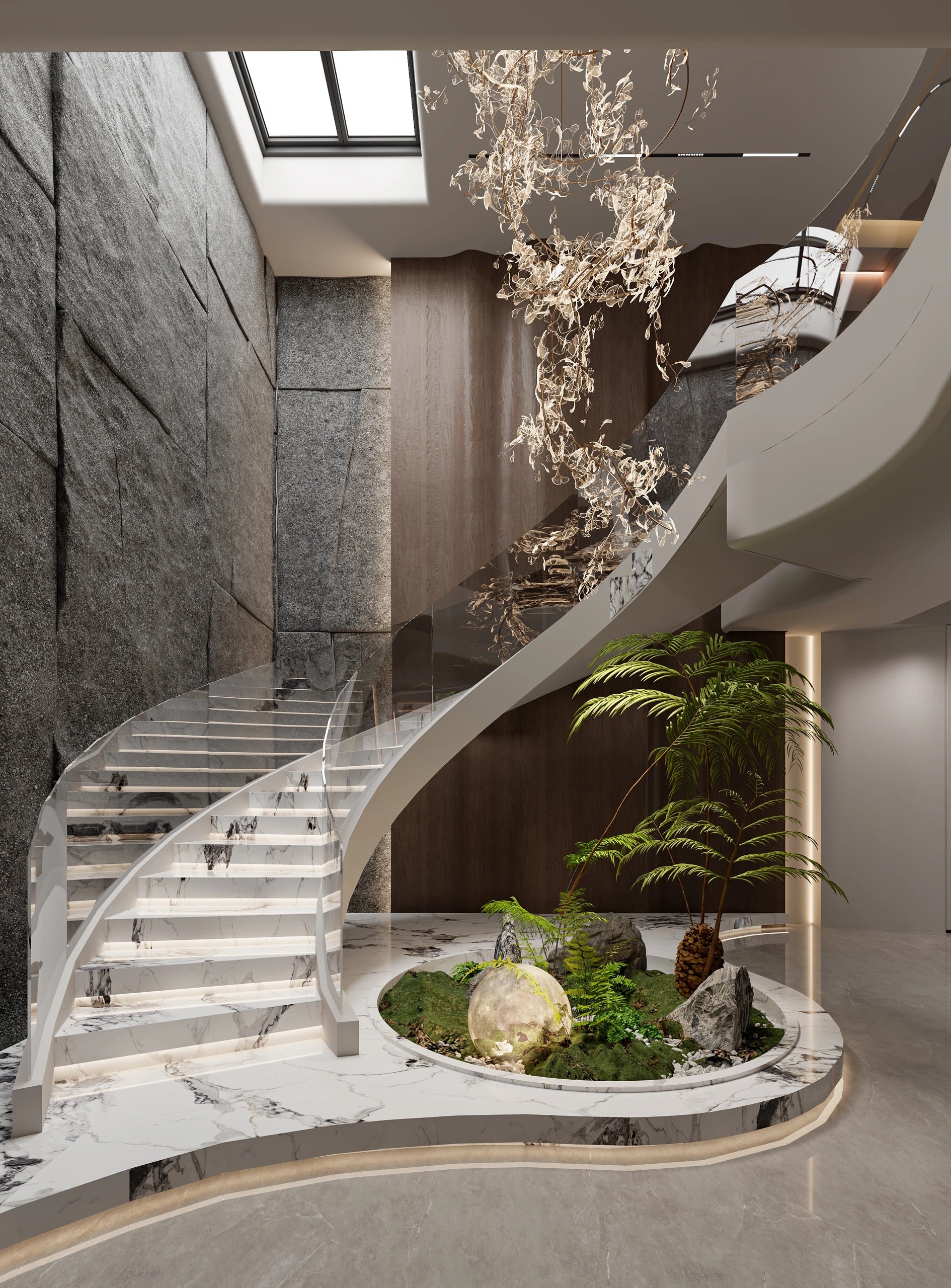 Elegant pandora marble curved staircase design