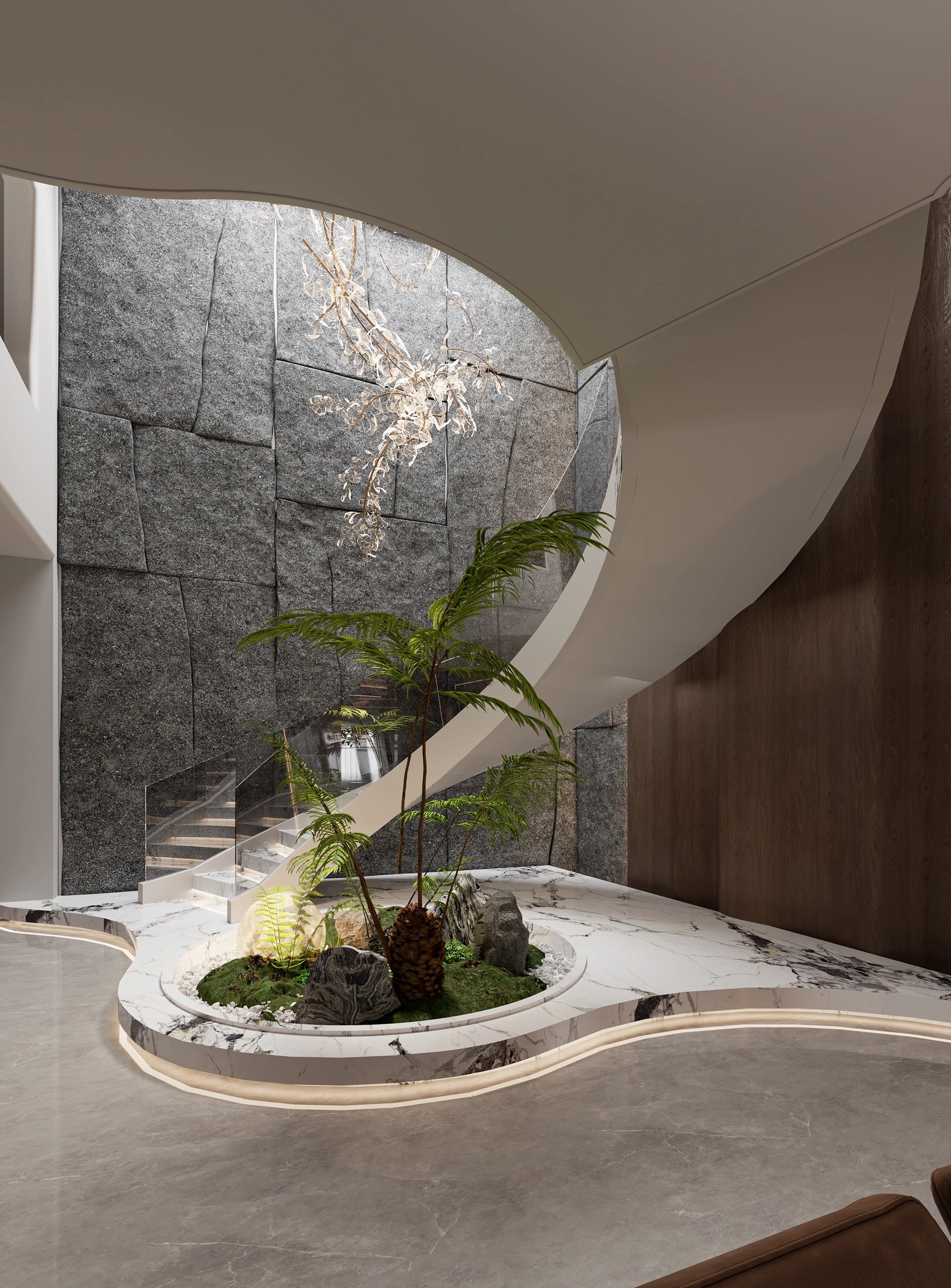 Elegant pandora marble curved staircase design