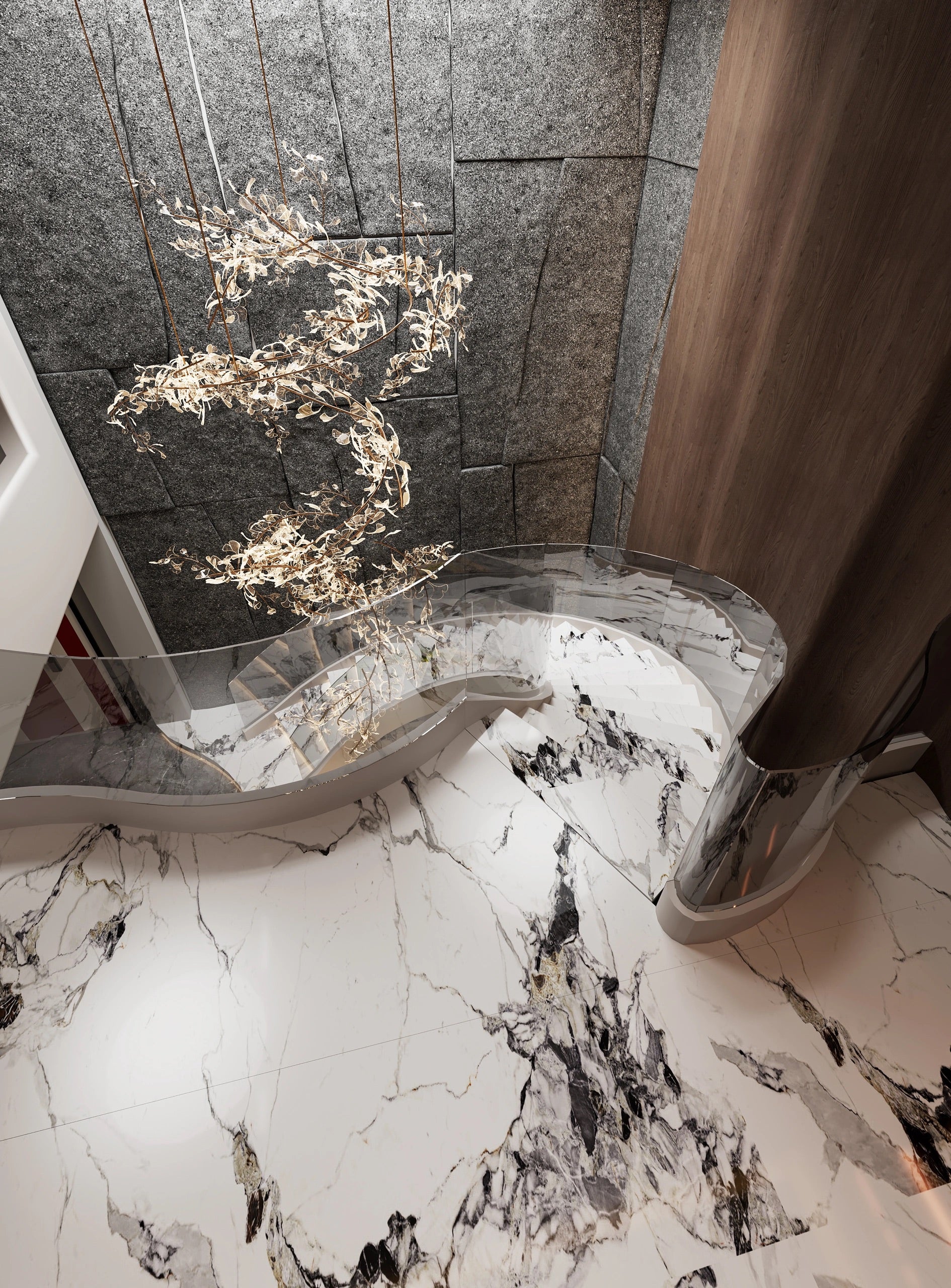 Elegant pandora marble curved staircase design