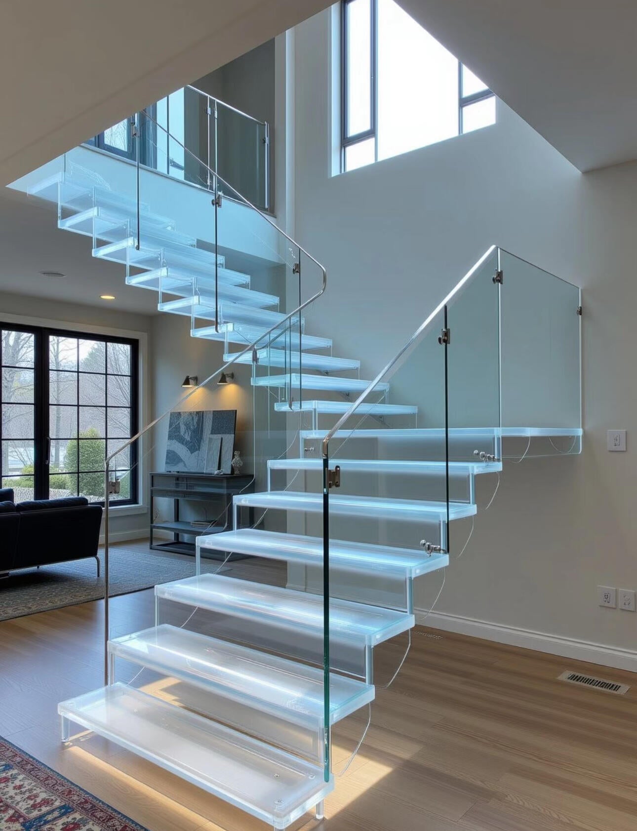 Spacious glass straight staircase