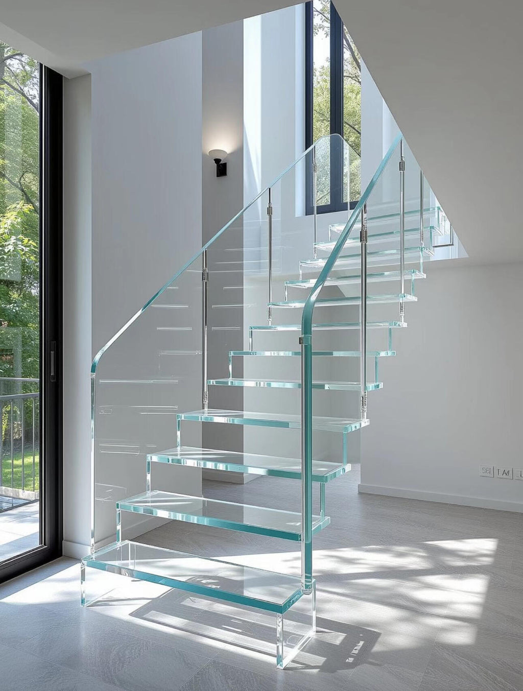 Spacious glass straight staircase