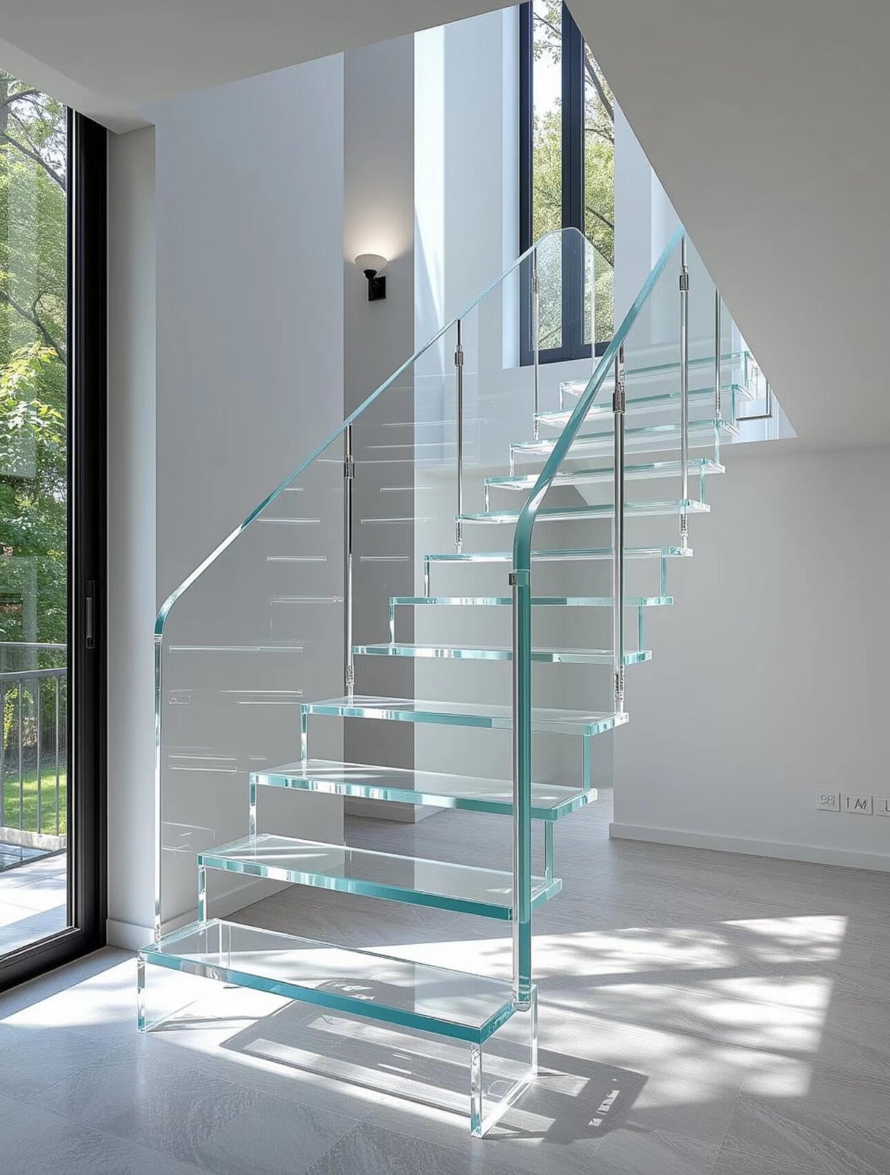 Spacious glass straight staircase