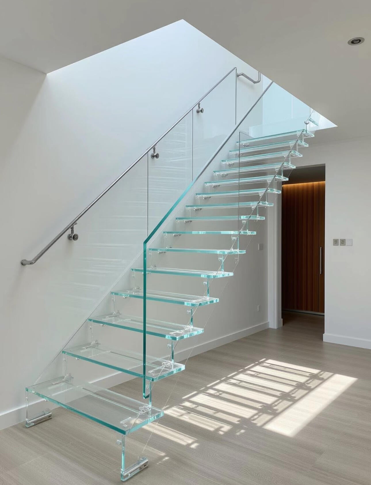 Spacious glass straight staircase