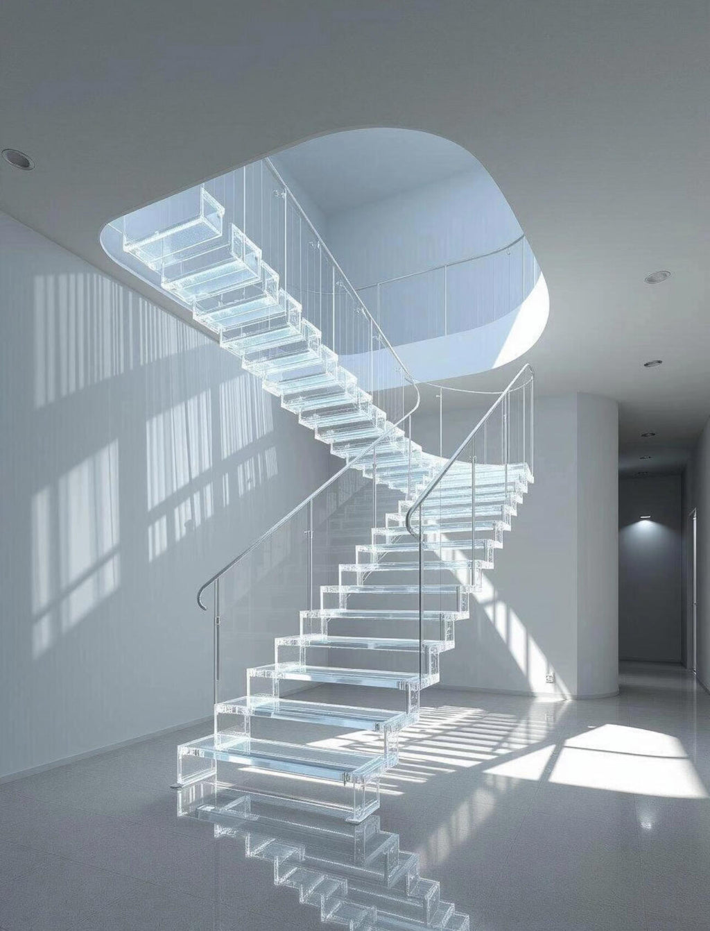 Spacious glass straight staircase