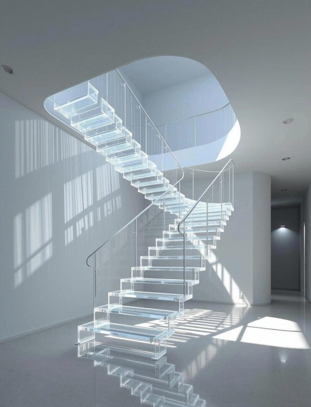 Spacious glass straight staircase