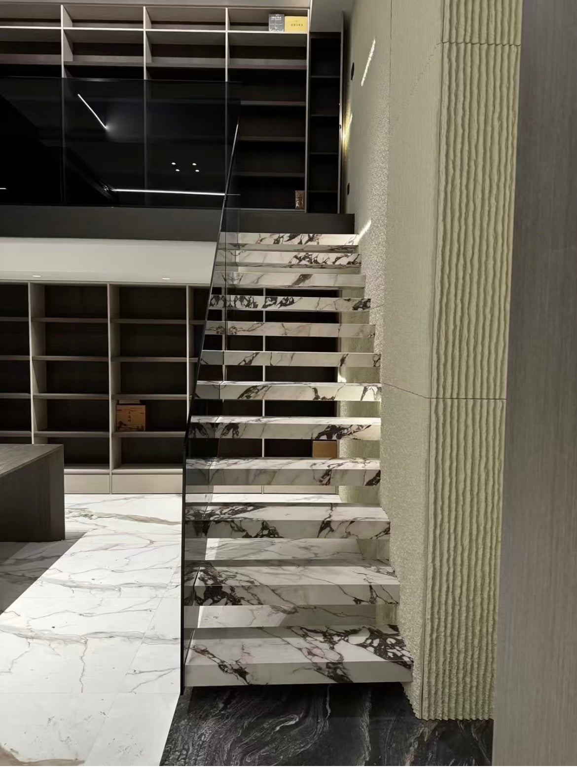Modern exterior white marble tread floating staircase