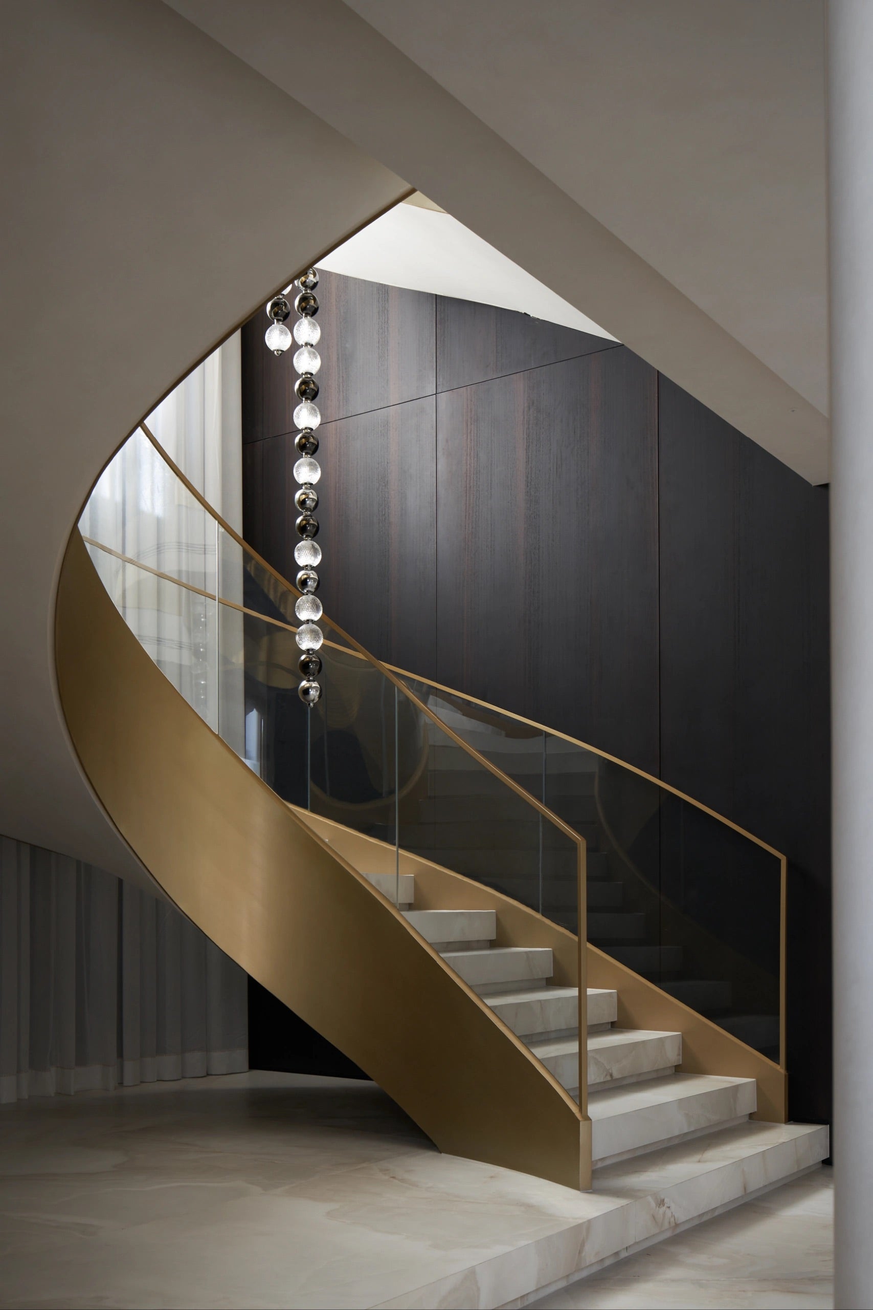 Luxury plating champagne curved staircase with pandora marble tread
