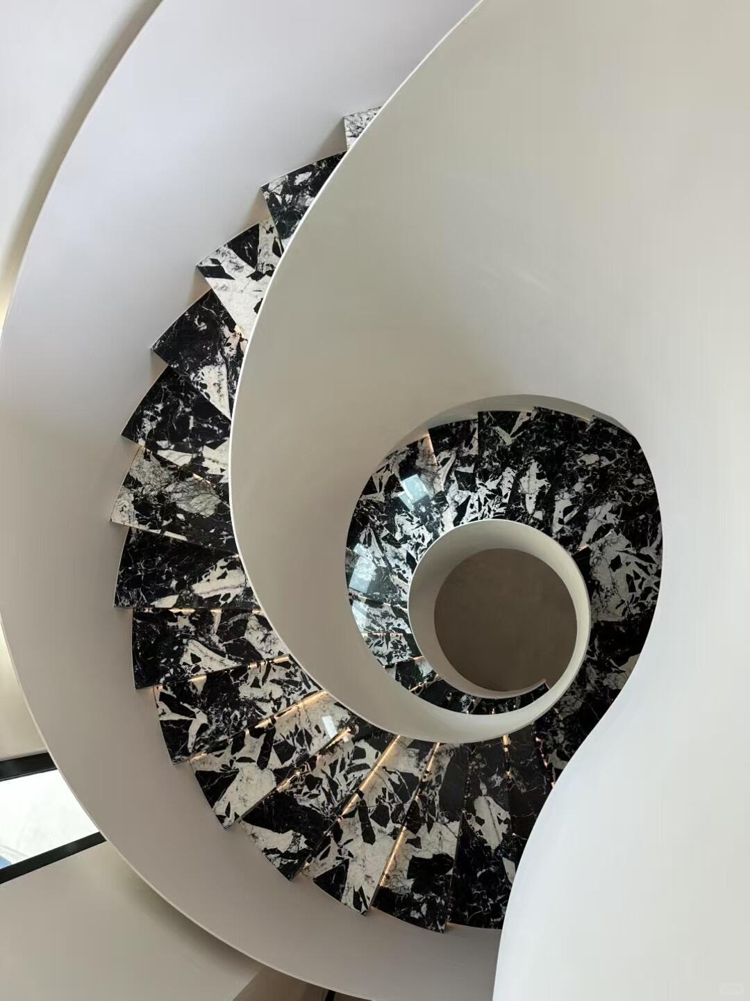 Opulent Panda White Tread Marble Curved Staircase