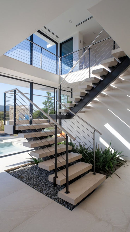 Anti-rust metal frame indoor straight staircase with solid wood tread