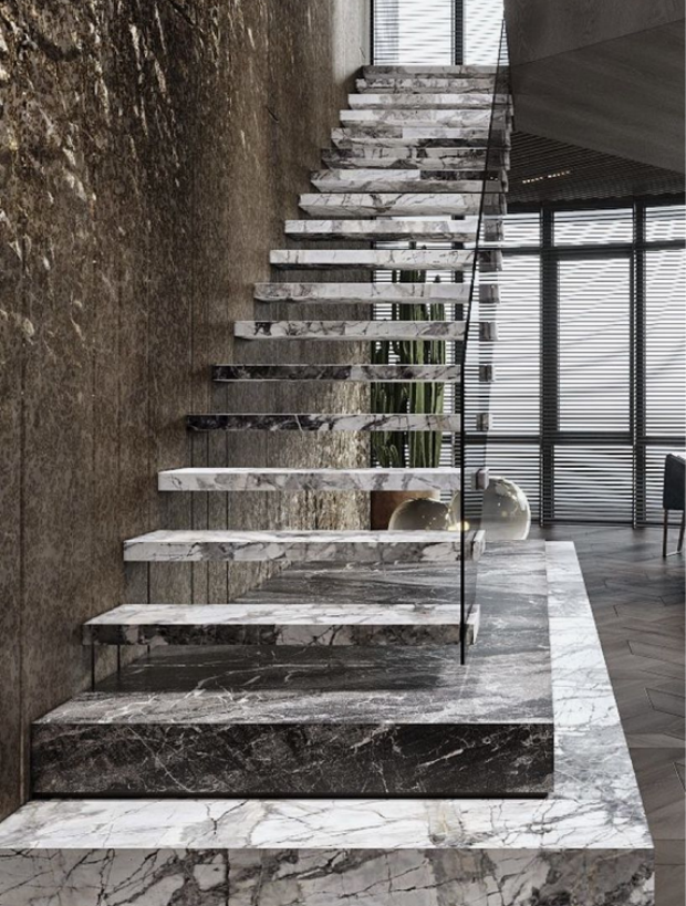 Modern floating staircase with marble tread