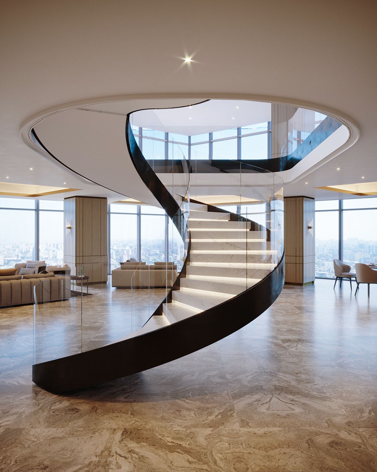 Luxury Indoor Curved Staircase With Marble Tread
