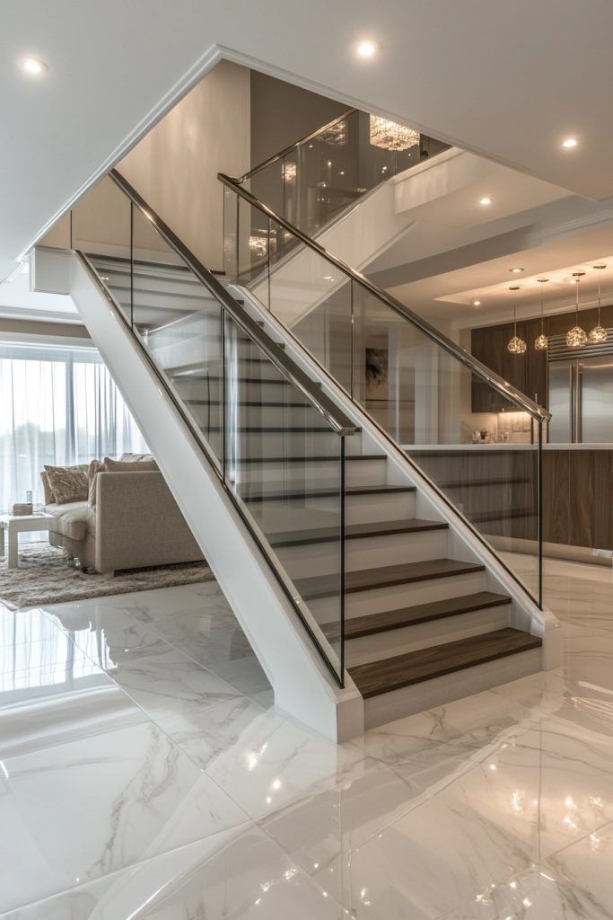White double beam wood handrail straight staircase with glass railing