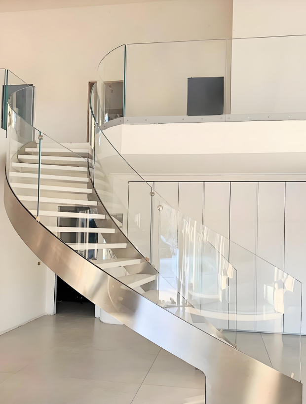 Sleek Stainless Steel Curved Staircase With Bend Glass Railing