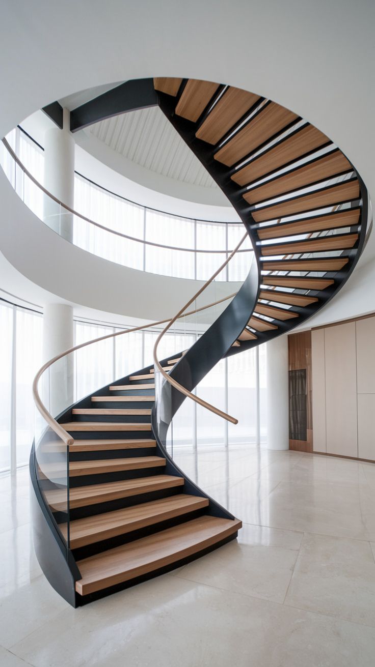 Indoor Curved Staircase with Wooden Steps and Glass Railing