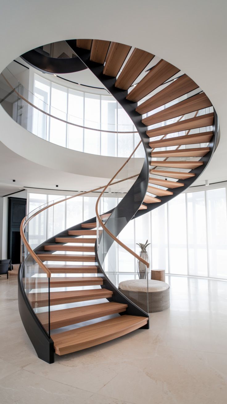 Indoor Curved Staircase with Wooden Steps and Glass Railing