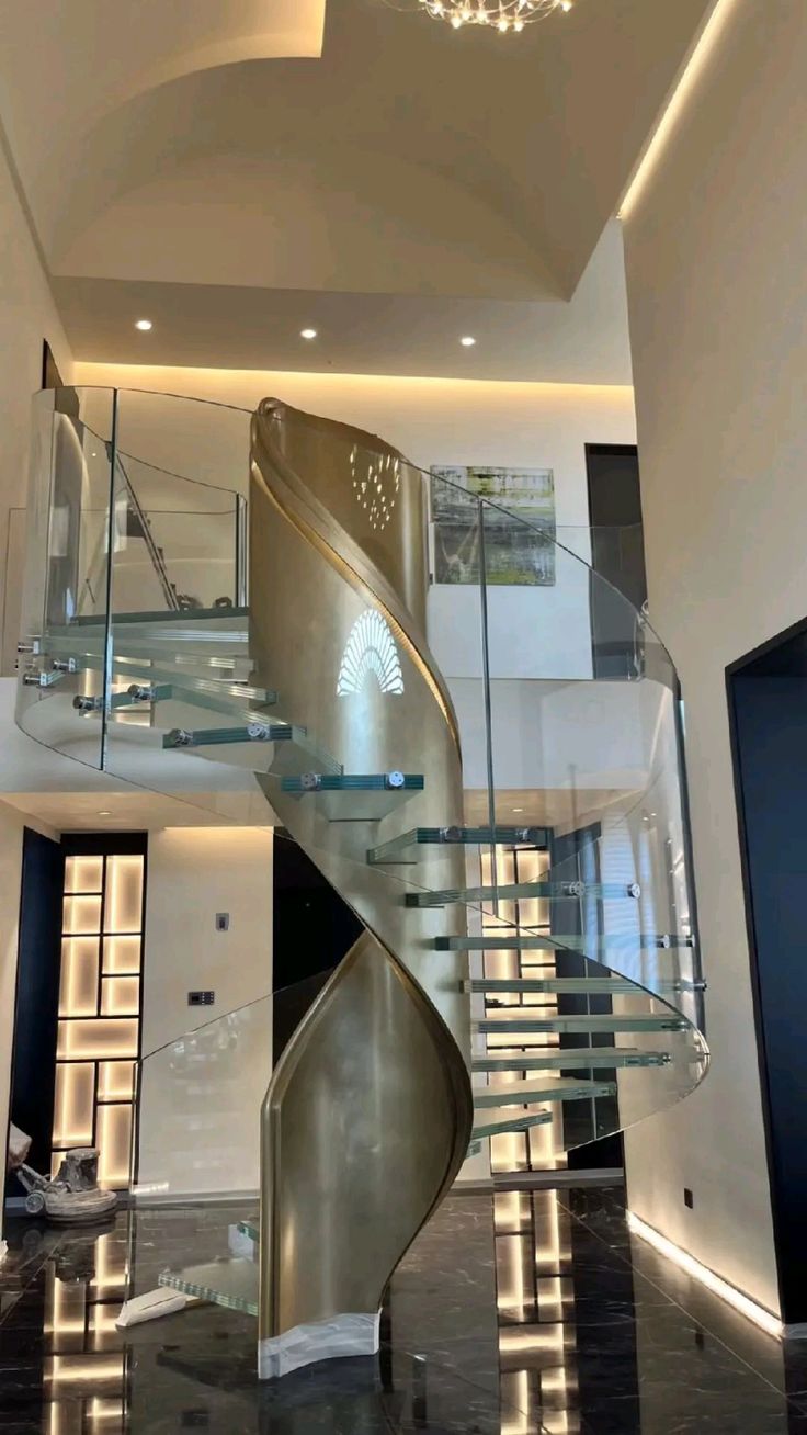 Glamour Gold Curved Staircase with Glass tread