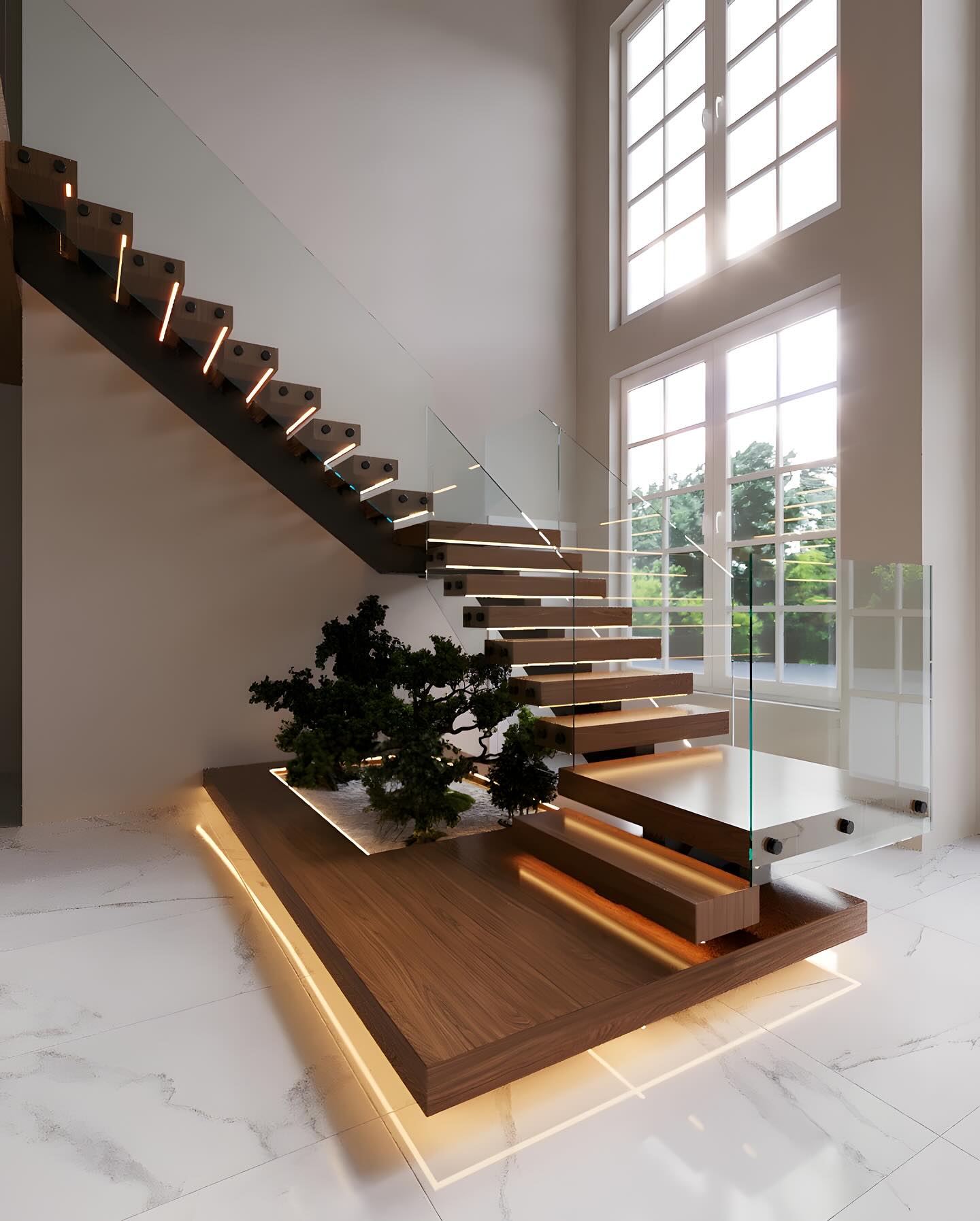 Customize wood tread with glass railing straight staircase