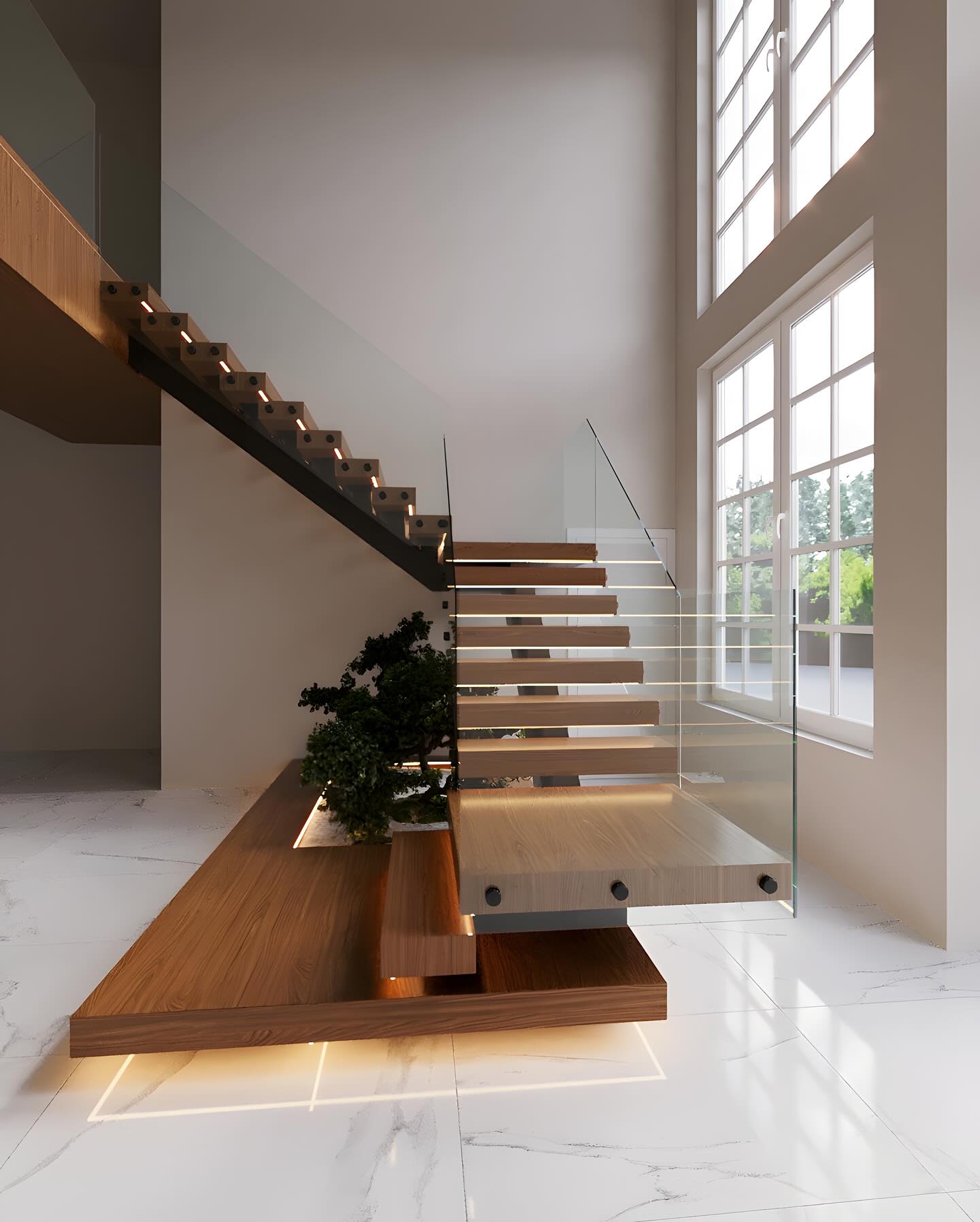 Customize wood tread with glass railing straight staircase
