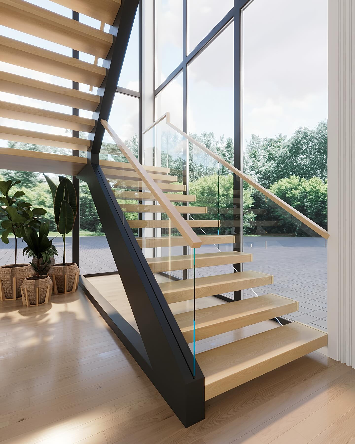 Single-sided steel beam custom wooden tread straight staircase