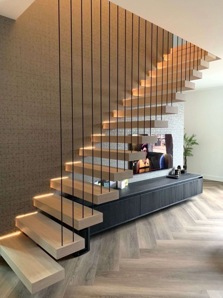 floating wooden tread staircase