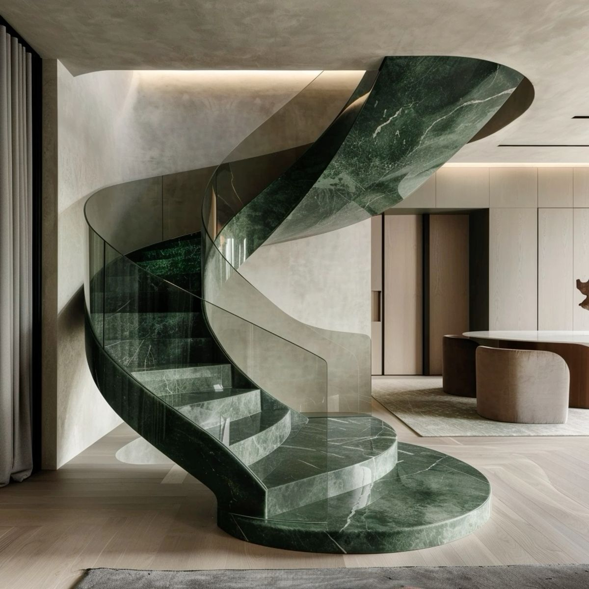 Textured emerald marble curved staircase