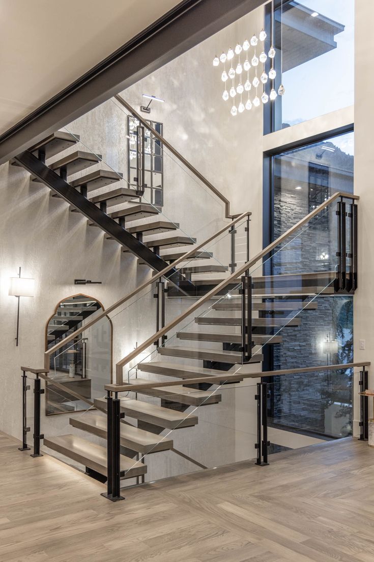 U shape straight staircase wooden tread with glass railing