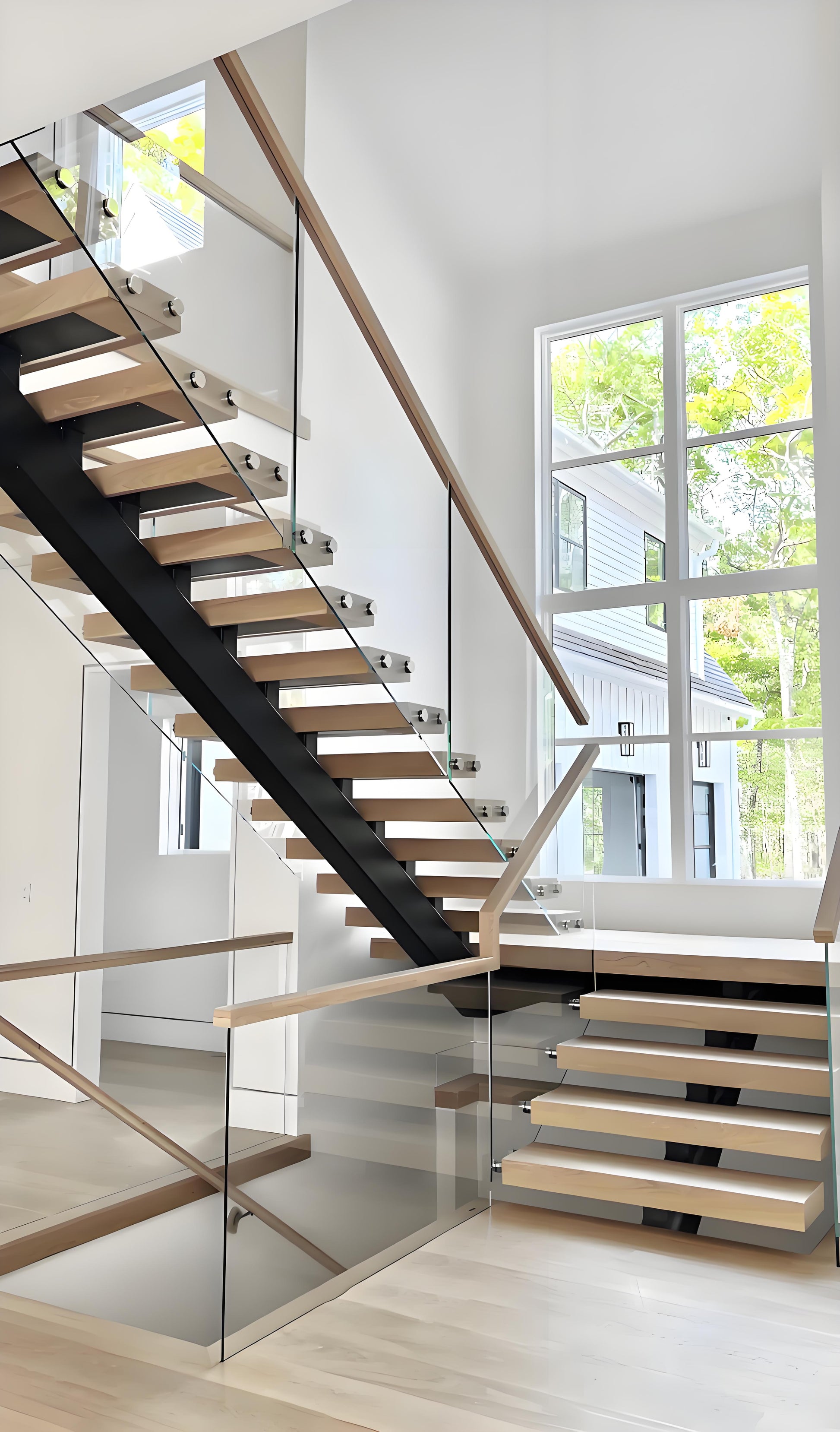U shape straight staircase wooden tread with glass railing