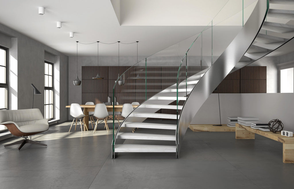 Sleek Stainless Steel Curved Staircase With Bend Glass Railing
