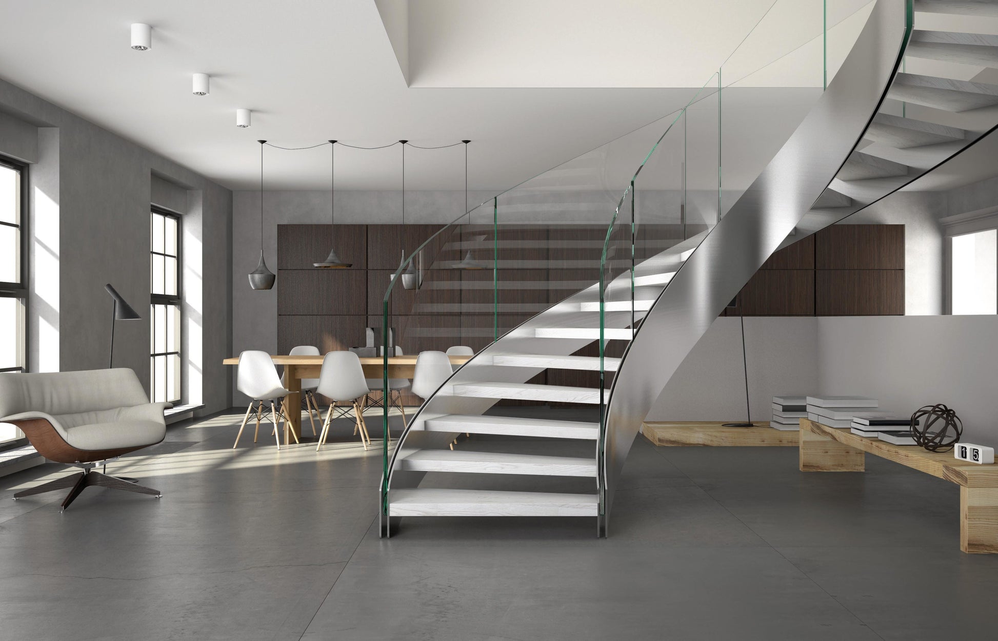 Sleek Stainless Steel Curved Staircase With Bend Glass Railing
