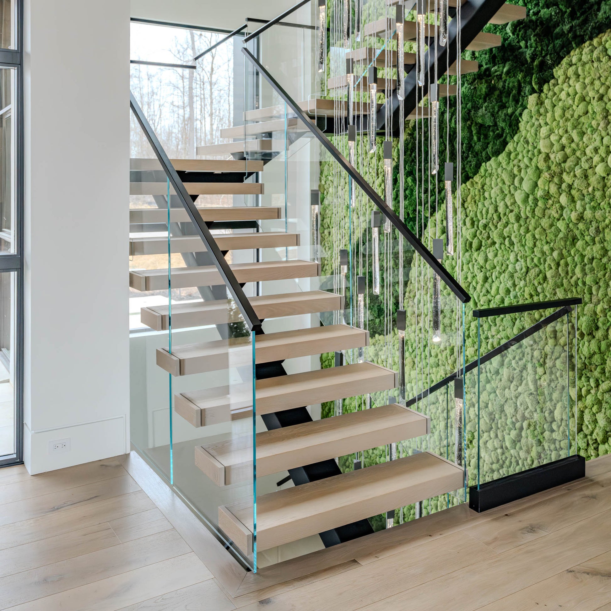 Modern center beam straight staircase with wooden tread glass railing