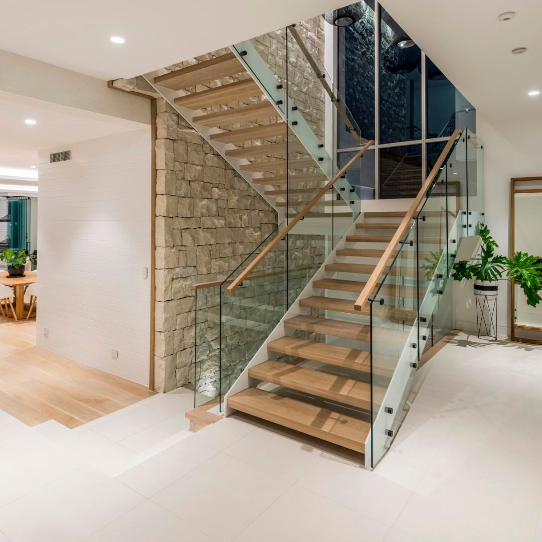 White double beam wood handrail straight staircase with glass railing