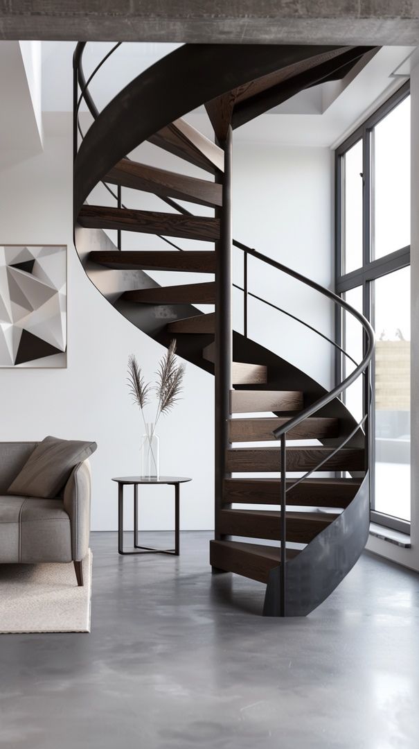 Black Steel Spiral Staircase With Wood Treads