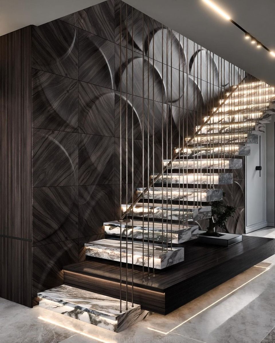 Custom Light Marble Floating Stairs with Modern Wire Rope Railing Option