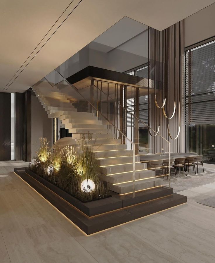 Marble Staircase with Floating Design Glass Railing