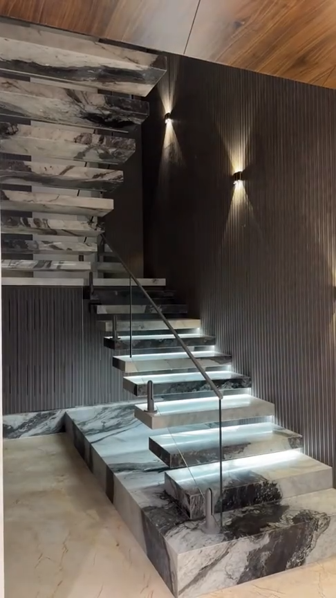 Marble Staircase with Floating Design Glass Railing