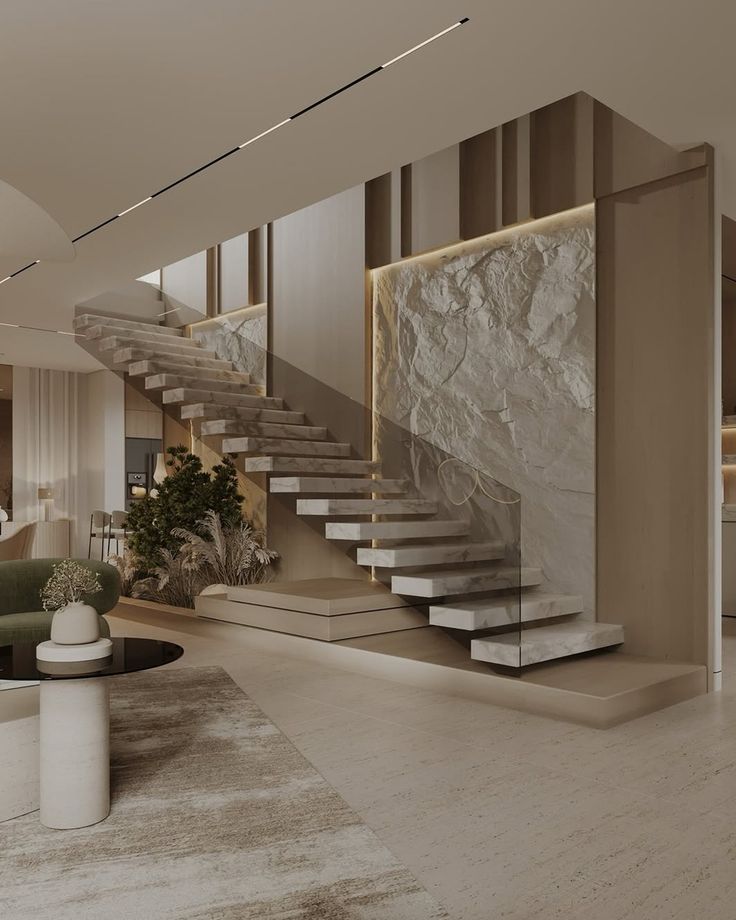 Marble Staircase with Floating Design Glass Railing