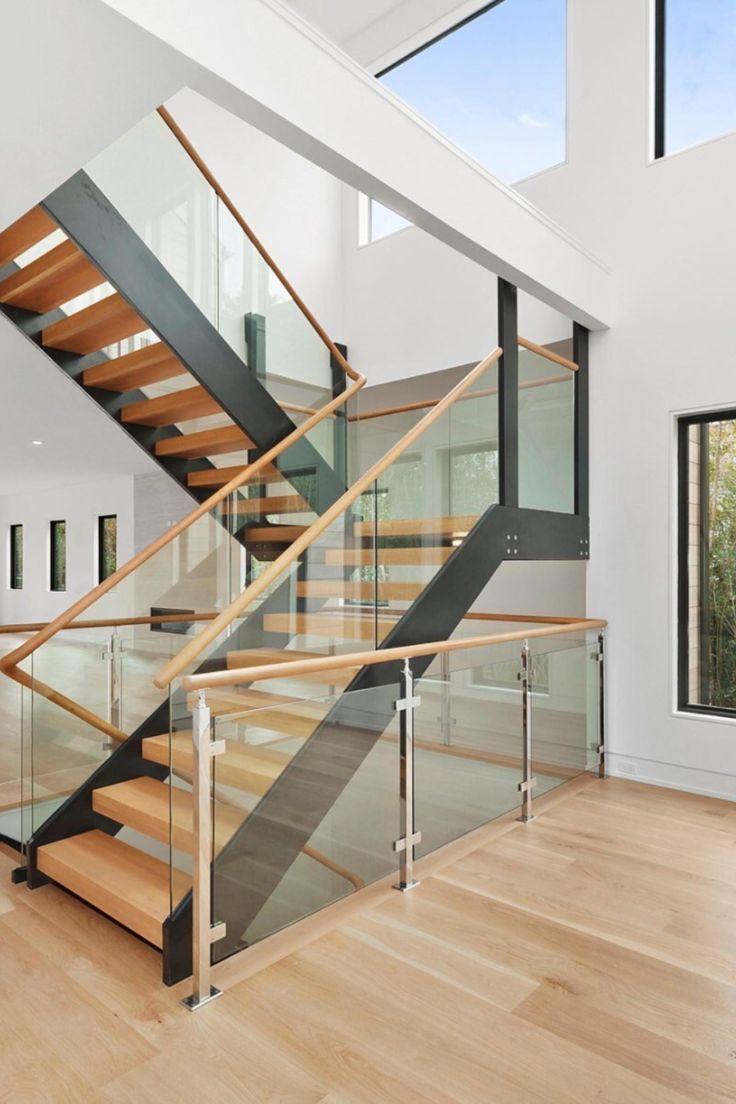 Double beam wooden tread straight staircase