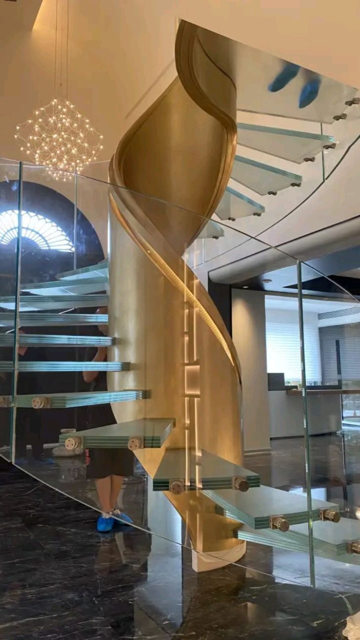 Glamour Gold Curved Staircase with Glass tread