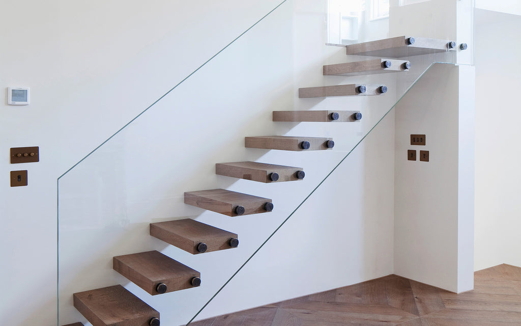 Interior floating staircase with wooden tread