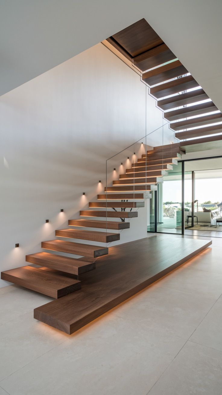Interior floating staircase with wooden tread
