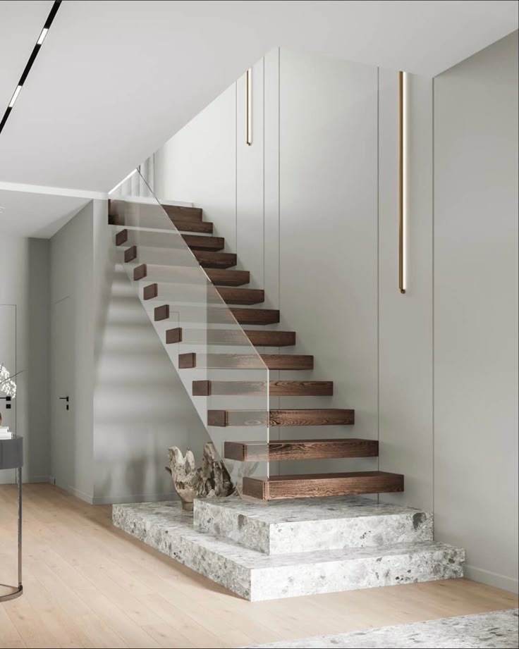 Interior floating staircase with wooden tread