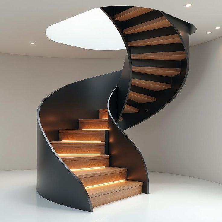 Curved Staircase with Black steel Railing and wooden tread design