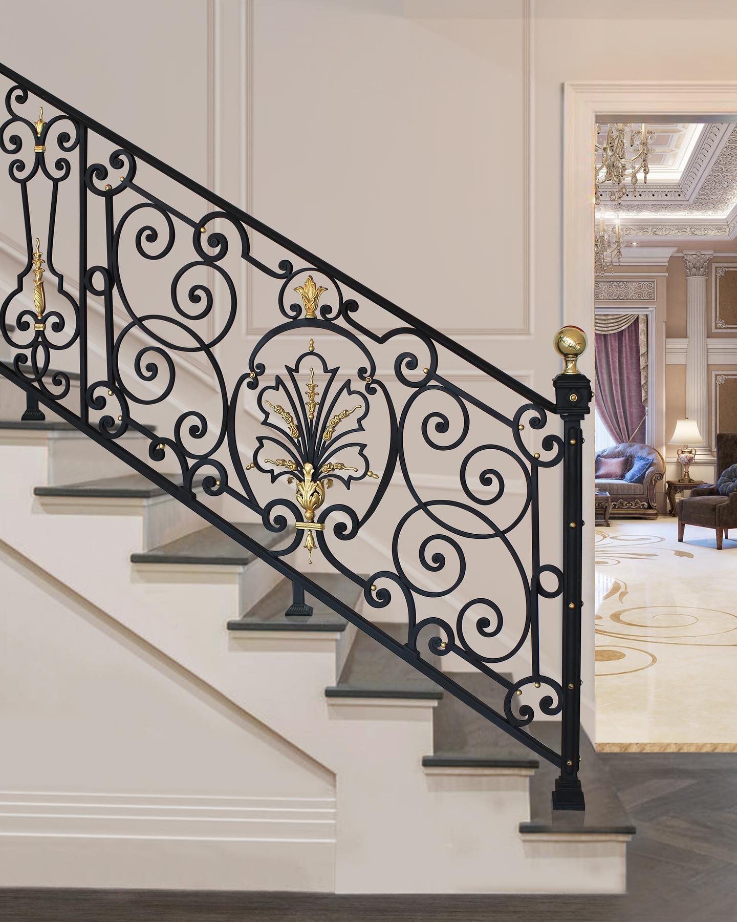 austaircase Luxury Grand Foyer Iron Stair Balustrade For Villa