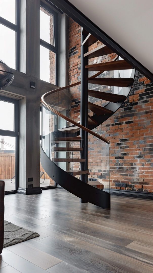 Durable Steel Spiral Staircase with heat bent glass railing