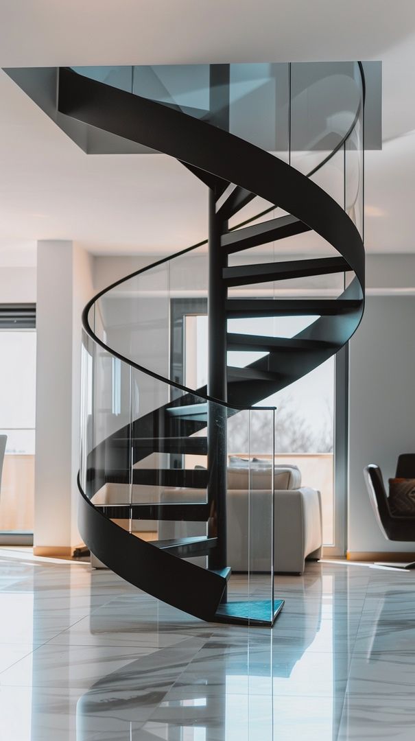 Durable Steel Spiral Staircase with heat bent glass railing