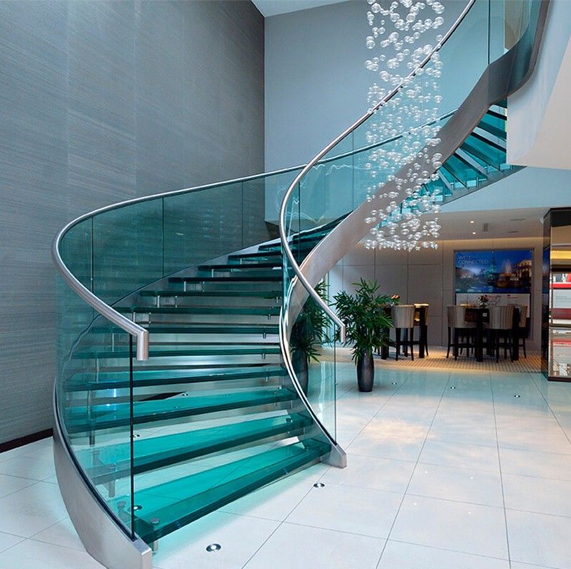 High- quality Curved Glass Staircase with Stainless Steel Accents