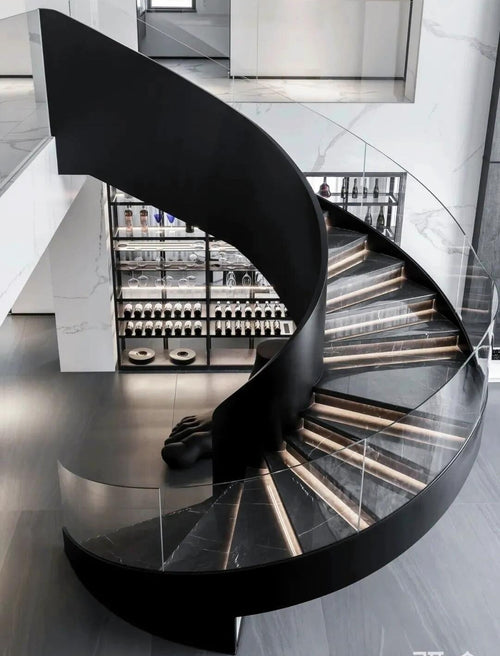 Black steel frame curved staircase with bend glass railing