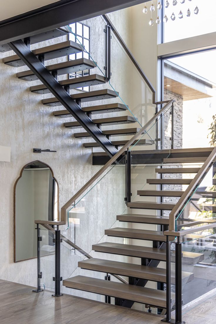 U shape straight staircase wooden tread with glass railing