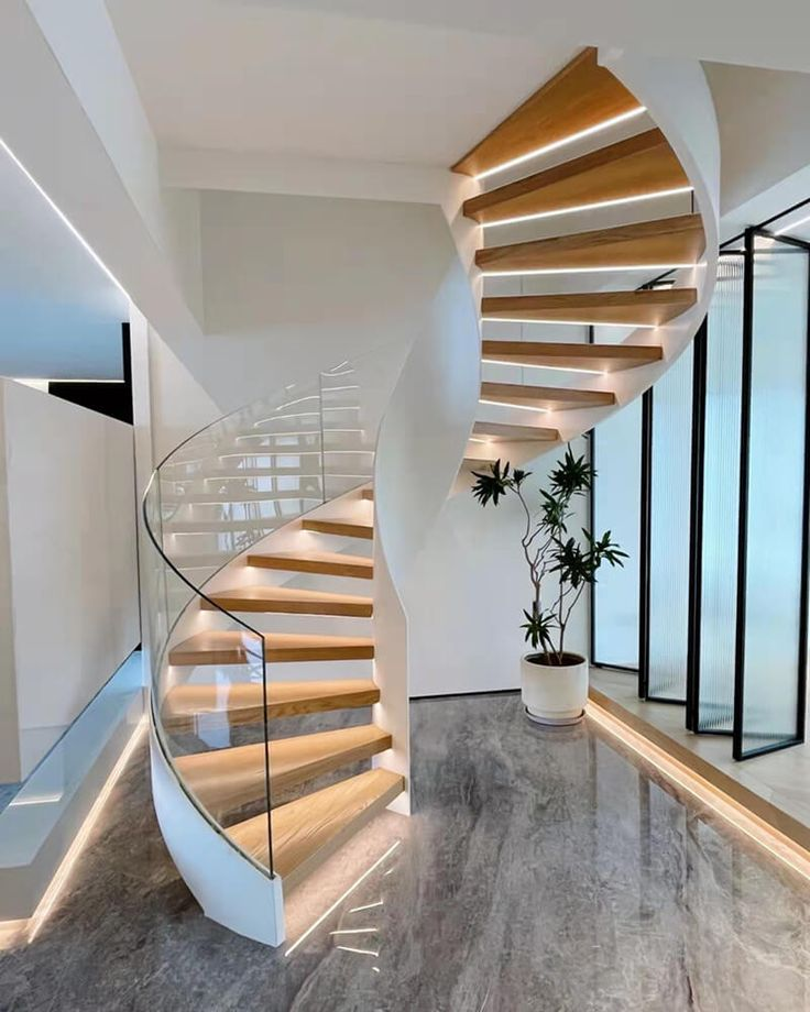 Modern Curved Staircase wooden tread with glass railing